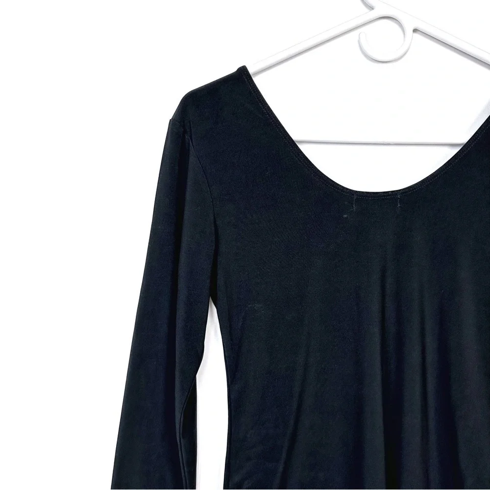 Halogen Black Jersey Stretch Knit Long Sleeve Double Scoop Bodysuit Size M - Picture 7 of 10